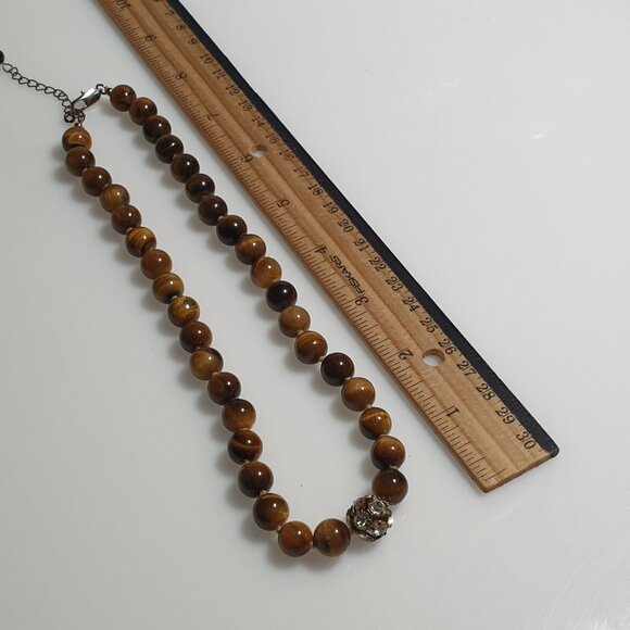 Tiger Eye Beaded Necklace Gold Clasp Rhinestone Accent Adjustable Chain Handmade - Picture 3 of 4